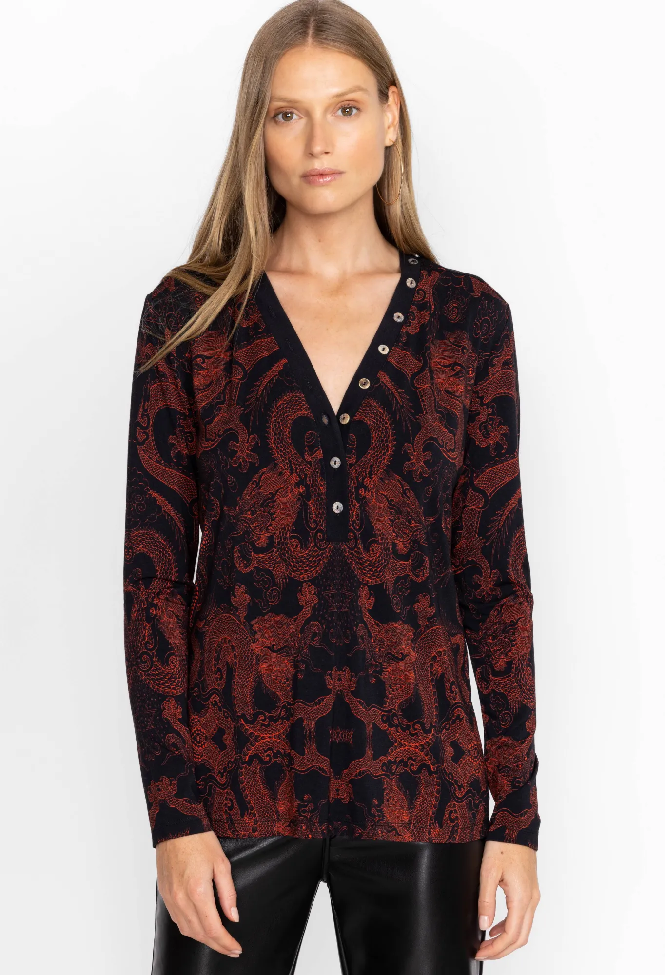 Clearance Button Neck L/S Tee Women Tops