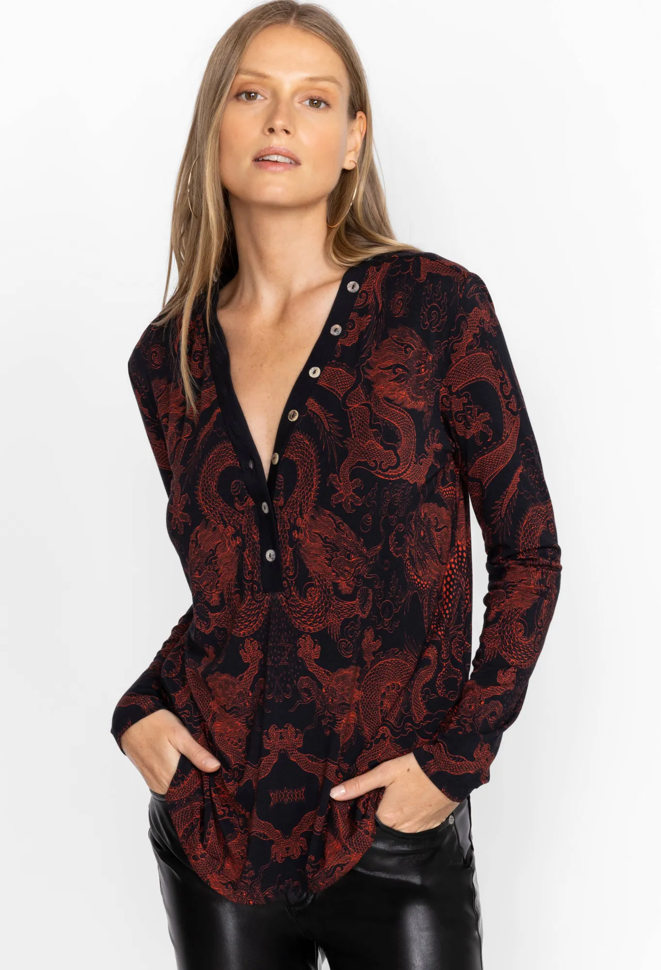 Clearance Button Neck L/S Tee Women Tops