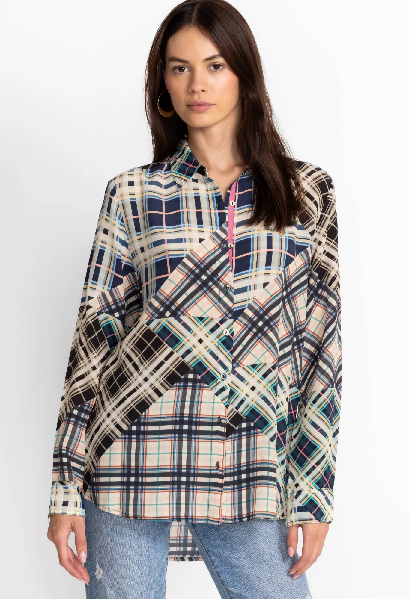 Sale Idora Patchwork Button Down Shirt Women Tops