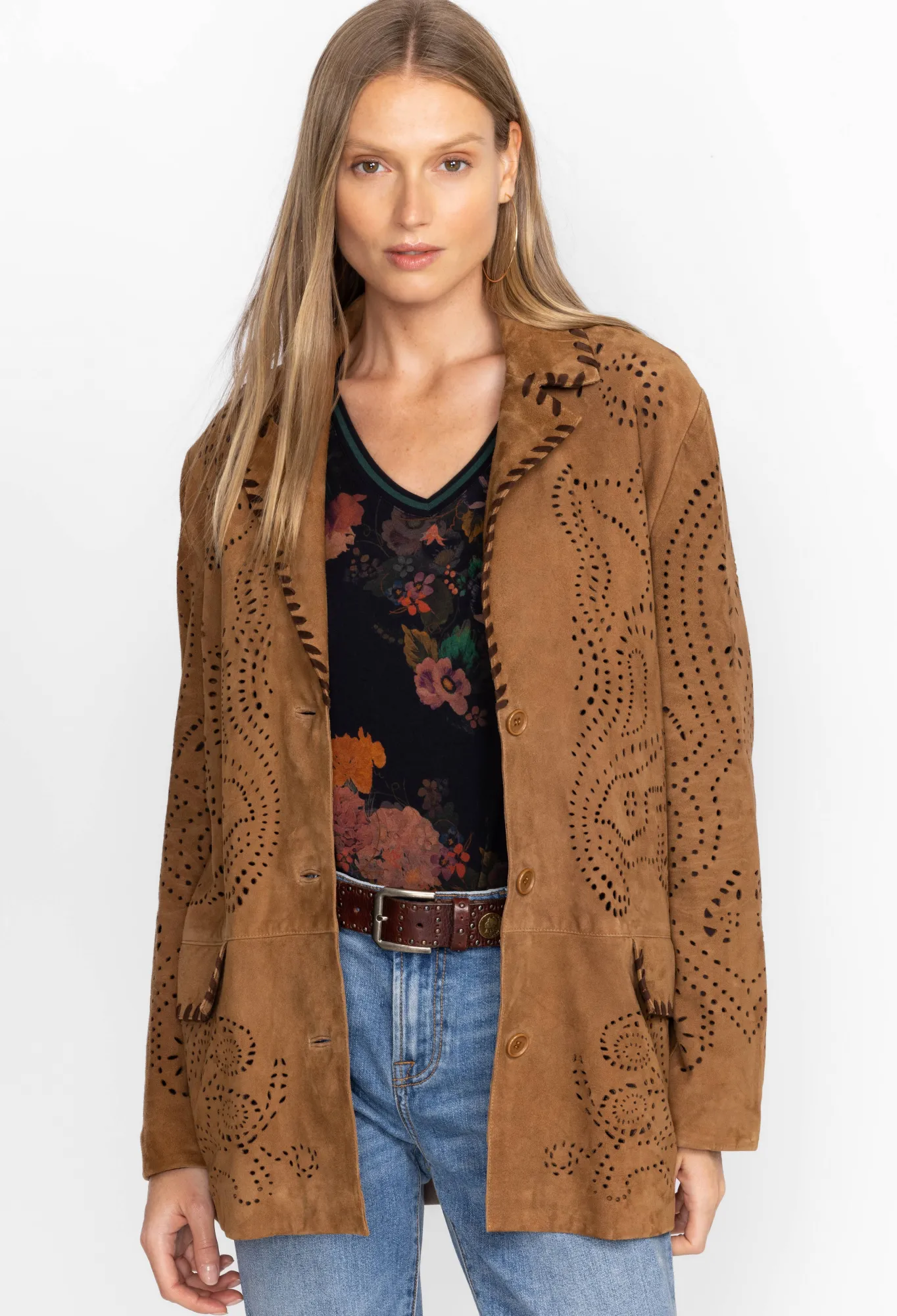 New Laser Cut Suede Whipstitch Blazer Women Outerwear