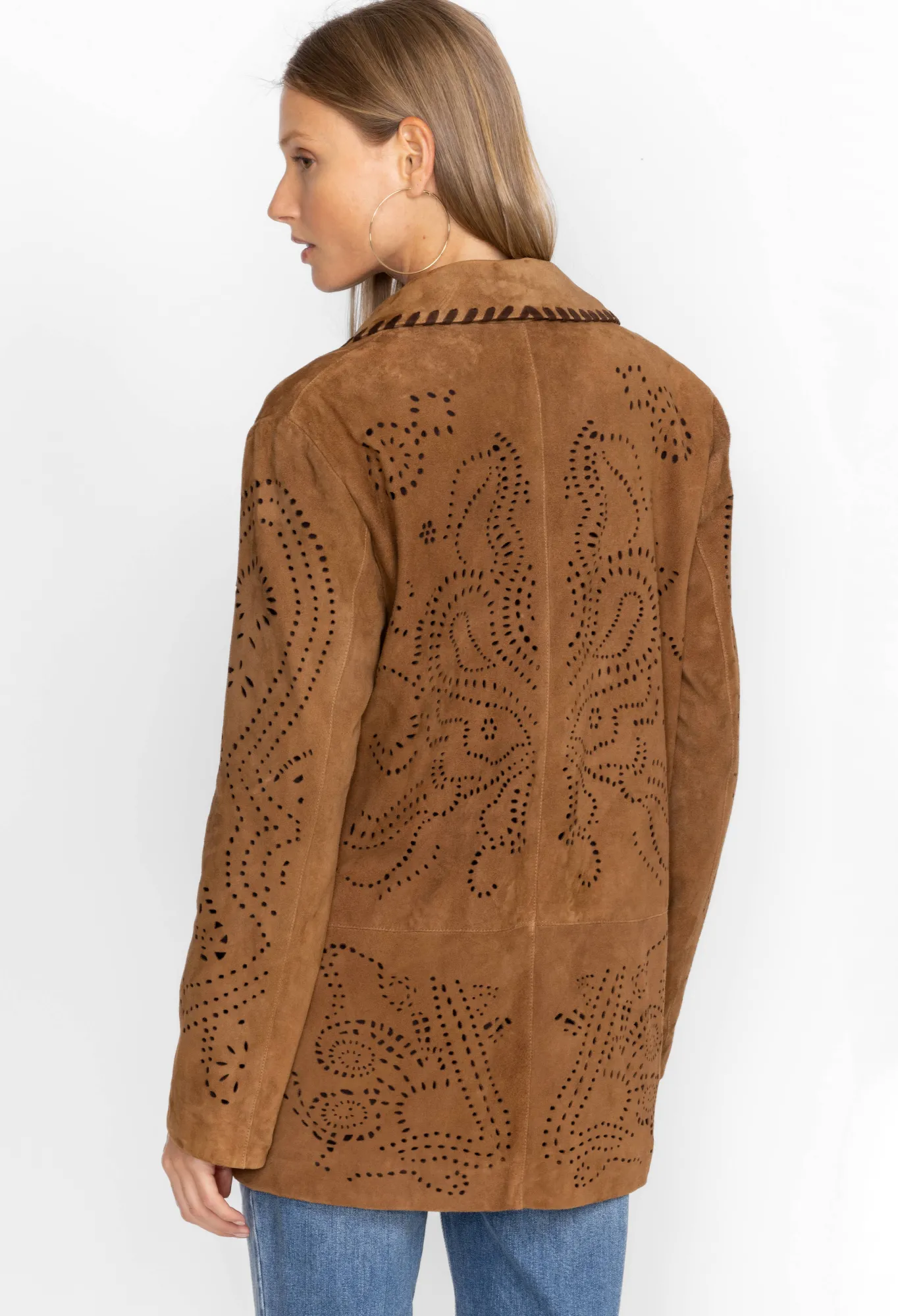 New Laser Cut Suede Whipstitch Blazer Women Outerwear