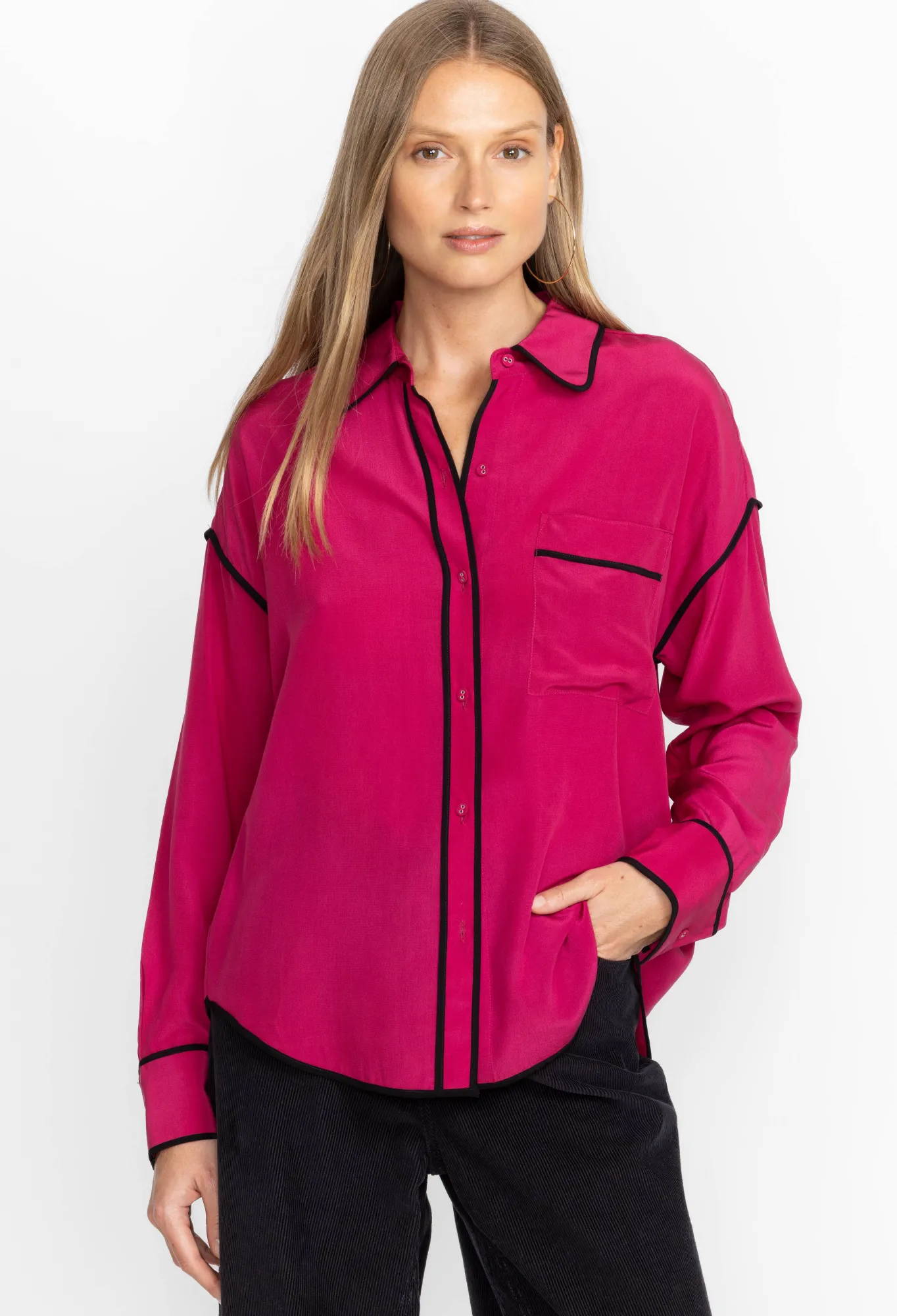 Store Relaxed Button Down With Piping Women Tops