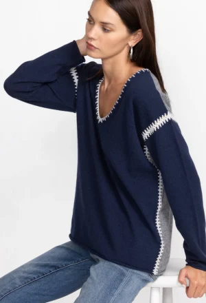 Cheap The Whipstitch V Neck Pullover - Color Block Women Tops